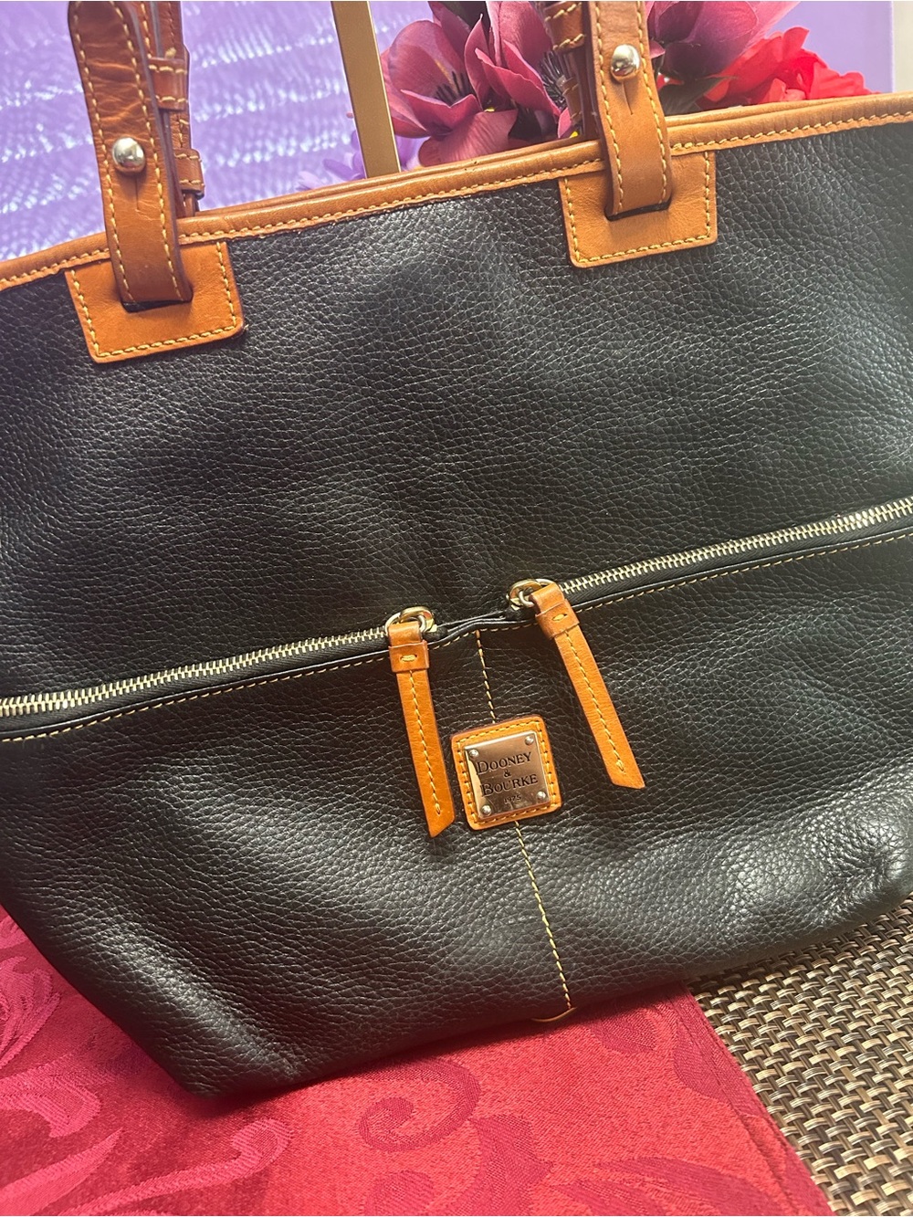 Dooney & Bourke Black Leather Tote with Tan Trim and Gold Hardware